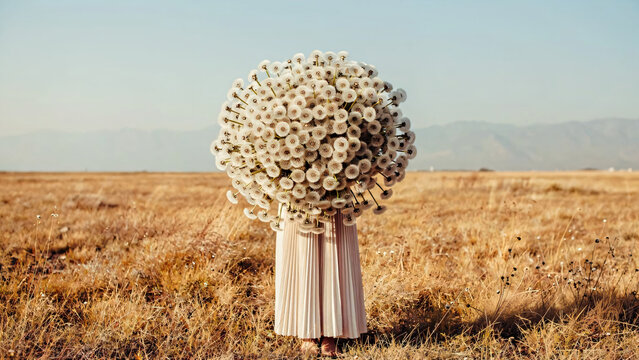 Femme tenant un bouquet g&eacute;ant de fleurs de pissenlit devant son buste