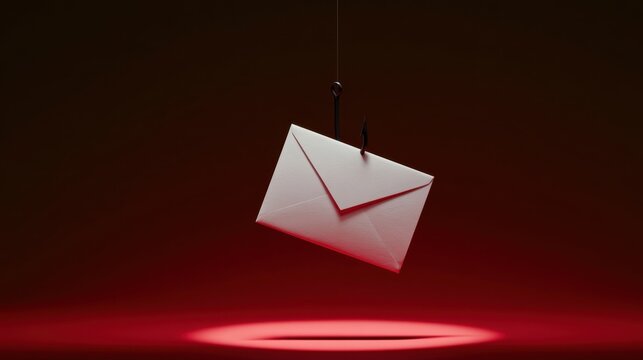 White envelope hanging from fishing hook above red spotlight with dark red background symbolizing phishing scam or email trap concept