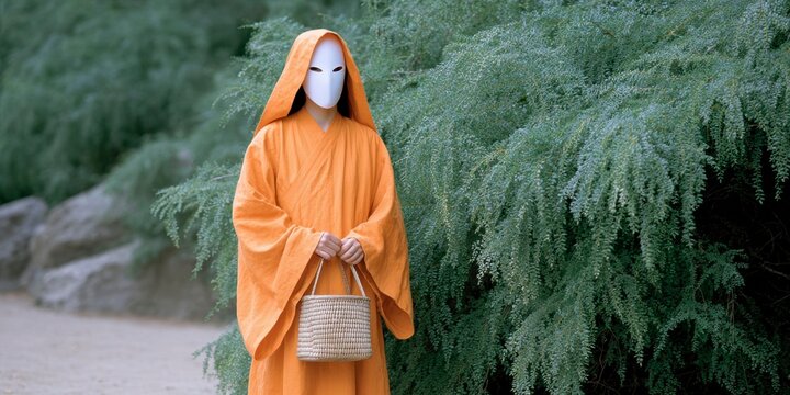 a faceless white mask character wearing an oversized orange robe holding a small woven bag