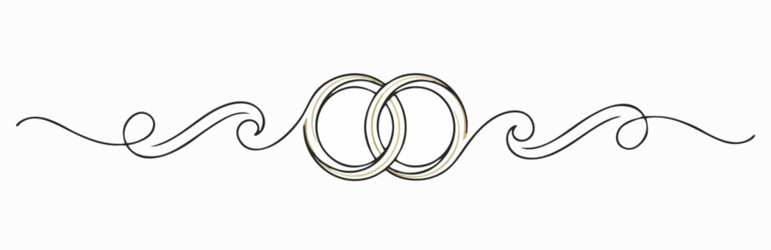 Elegant Interlocking Wedding Rings with Decorative Swirl Divider Minimalist Line Art