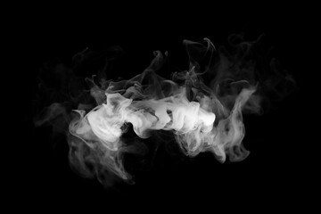 Abstract white smoke or wispy cloud isolated on black background. Realistic steam, fog or vapor texture for graphic design overlay effects. Mystery flowing smoke waves with magic spiritual concept. © wasan
