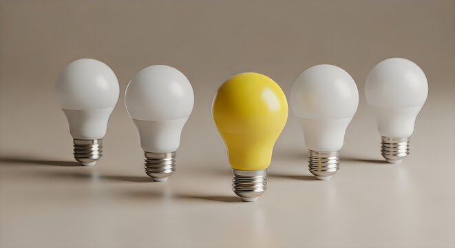 Five led bulbs one yellow standing out from the crowd