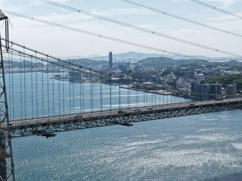Aerial drone photo of Kanmon Bridge over Kanmon Strait, Shimonoseki and Moji, Japan