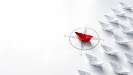 Corporate vision and business leadership concept featuring a prominent red origami boat steering a group of white boats towards success using a compass