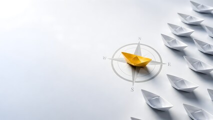 Premium business leadership and financial success concept showing a golden paper boat leading a fleet of white boats over a navigation compass
