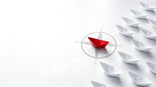 Corporate vision and business leadership concept featuring a prominent red origami boat steering a group of white boats towards success using a compass