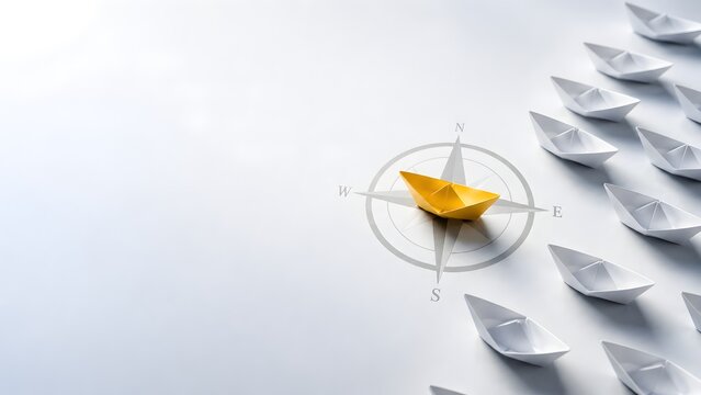 Premium business leadership and financial success concept showing a golden paper boat leading a fleet of white boats over a navigation compass