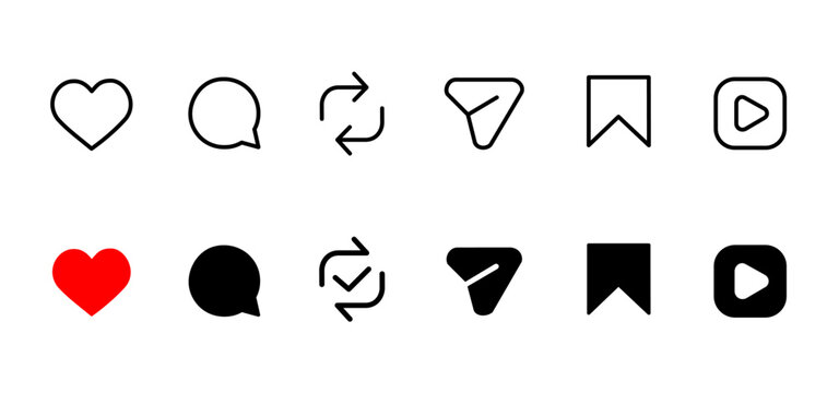 instagram newly updated like, comment, repost, share, save & reels icons. vector ui outline icon set 2026. social media notification interaction symbols
