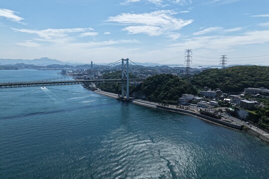 Aerial drone photo of Kanmon Bridge and Kanmon Strait, Kitakyushu, Japan