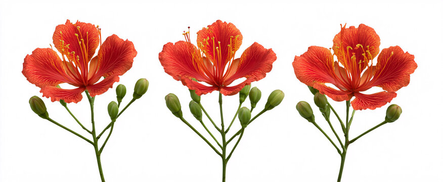 Set of 3 Delonix regia flowers isolated on white for professional presentations
