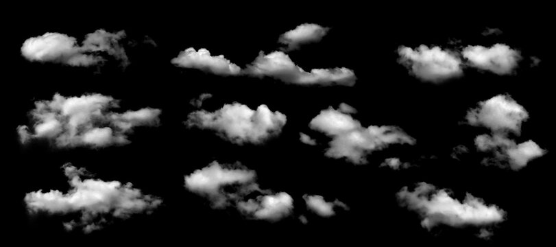 Realistic isolated cloud set on black background, perfect for sky replacement, and graphic design projects. High-resolution fluffy clouds with soft edges for photo compositing and effects.