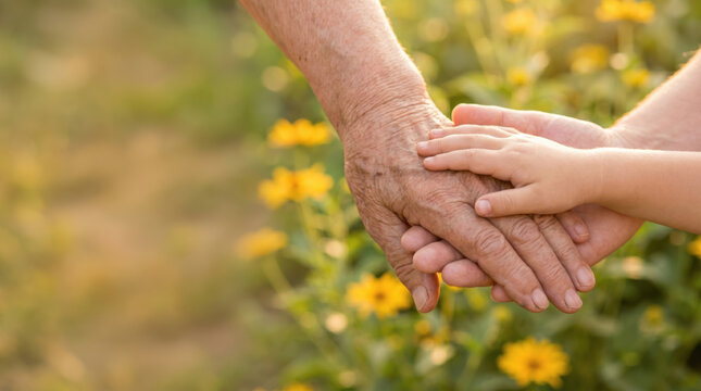 Close up macro shot of multiple hands of different generations showing gentle loving emotional connection outdoors in nature with warm light