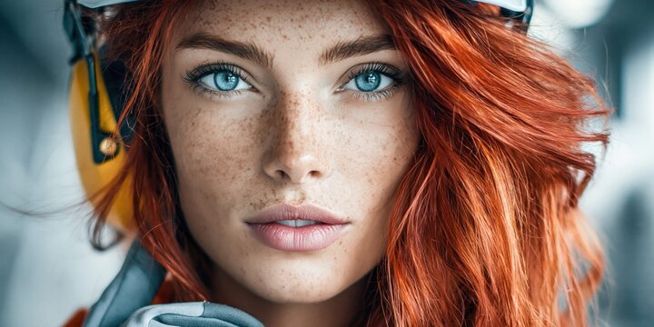 Intense gaze beautiful redhead woman close up portrait