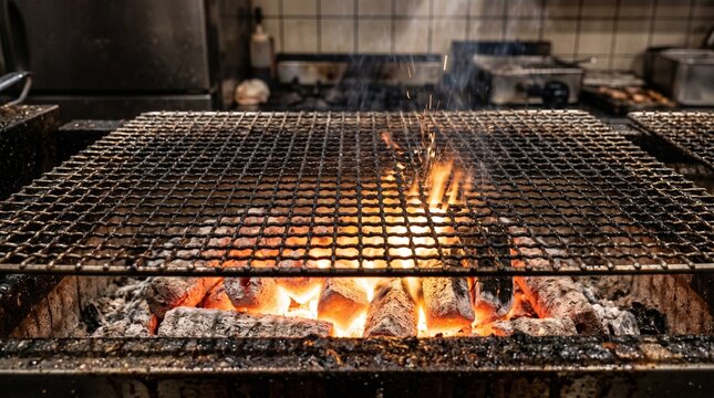 Tokyo yakitori grill surface after service, coal and carbon pattern