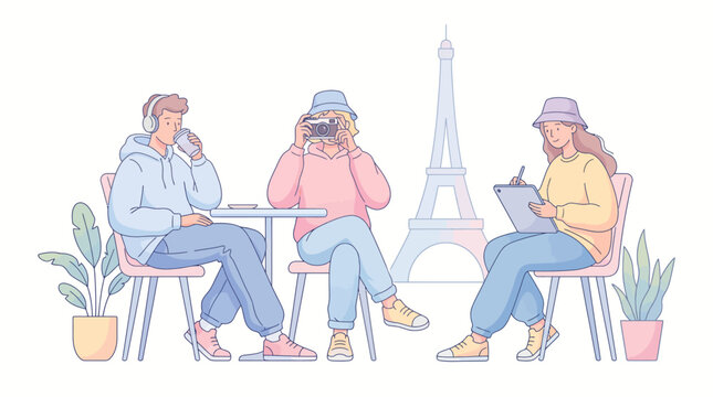 People sitting at a table with Eiffel Tower in the background taking photos and writing