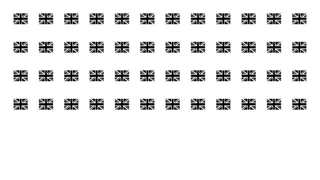 UK flag pictograms appear in a neat grid, filling the screen in sequence. Suitable for UK-themed presentations, national pride, and British-themed motion graphics.