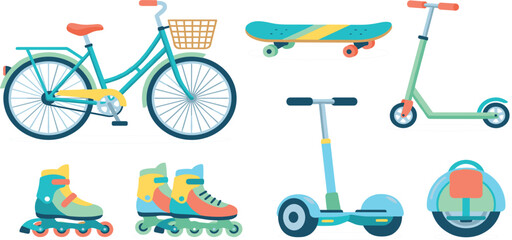 Urban Transportation and Recreation Illustration Set Featuring Bicycle, Skateboard, Scooter, Roller Skates, Hoverboard, and Personal Mobility Equipment Collection © Nilota