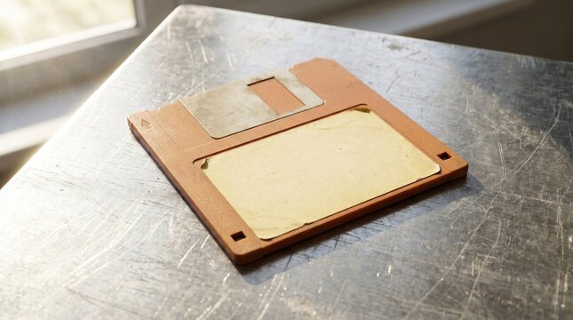 A vintage brown floppy disk resting on a scratched metal surface illuminated by natural light from a nearby window.
