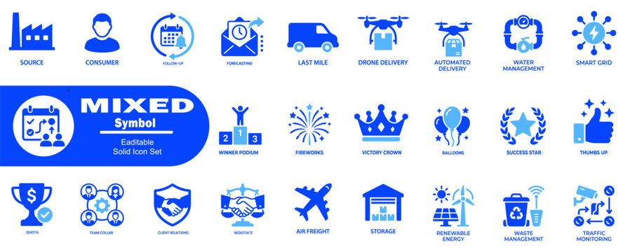 Industrial and logistics icon set. Showcasing supply chain, automation, drone, delivery, storage, infrastructure, and renewable energy systems for companies.