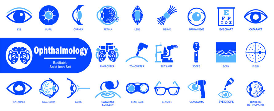 Ophthalmology conditions and treatments icon set. Including glaucoma cataract lasik surgery lens case eye drops and diabetic retinopathy medical signs.