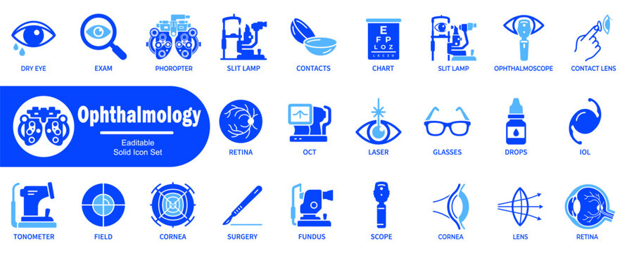 Ophthalmology medical icons set. Collection of eye care equipment like photometer, slit lamp, chronometer, ophthalmologist, laser, surgery tools, and diagnostic symbols.