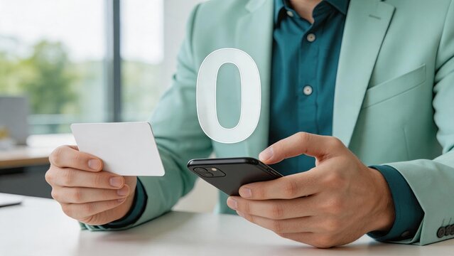 Close up of man holding credit card and smartphone with zero cost symbol overlay, representing free payment, cashback offer or zero interest rate transaction in online banking and