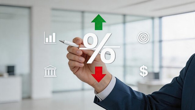 Businessman analyzing financial growth percentages, interest rates rising and falling, economic trends, investment strategy, market volatility concept with modern office