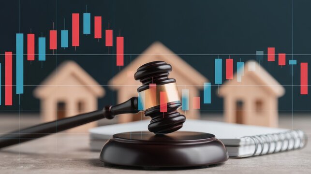 Dark wooden gavel on base with blurred miniature house models and financial candlestick chart background symbolizing real estate auction legal market property concept
