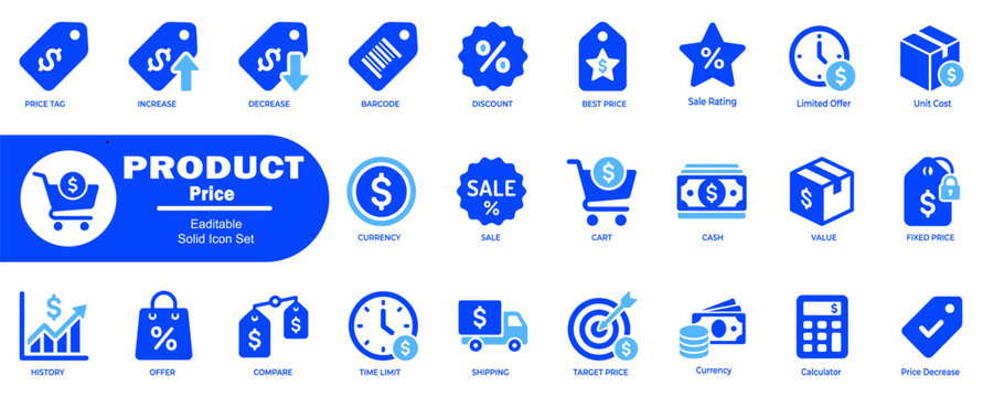 Retail and product price icon set. Displaying sales promotion, shopping deals and financial transaction symbols for e-commerce website design layouts.