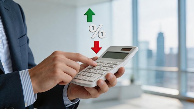 Businessman using calculator with percentage signs, financial calculation and interest rate analysis, economic growth or decline concept in modern office setting