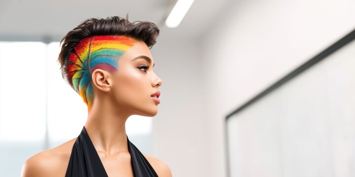 Woman with vibrant rainbow pattern shaved into her undercut hairstyle