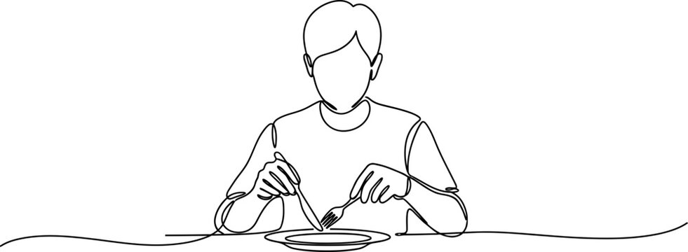 Continuous Line Drawing of a Person Eating a Meal with Fork and Knife