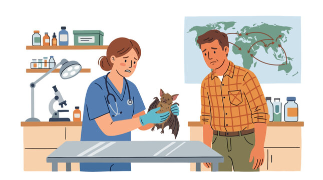 A female veterinarian examining a small bat held in her gloved hands. EPS Editable. Vector Illustrations.