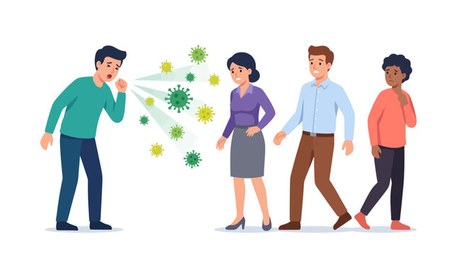 A sick man coughing spreading virus germs to people in public. EPS Editable. Vector Illustrations.