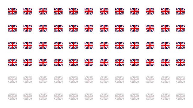 UK flag pictograms fill the grid with a color overlay transition, shifting from desaturated to full color. Ideal for dynamic UK-themed reveals, national day visuals, and patriotic motion graphics.