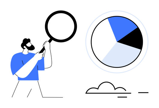 Data analysis, business strategy, statistics, market research, information review, analytics. A man with a magnifying glass examines a pie chart. Data analysis and business strategy concept