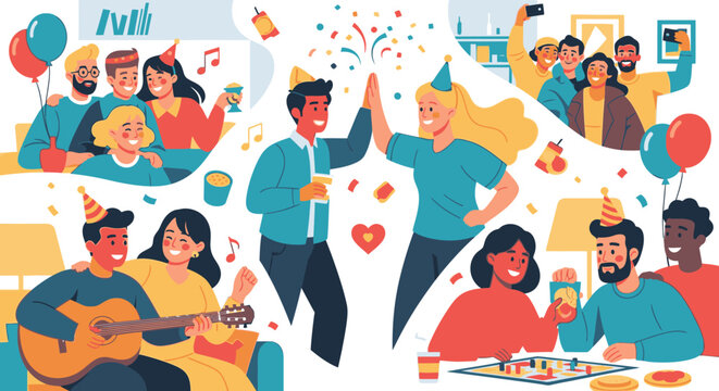 People celebrate with music, dance, food, and drink in a lively party scene