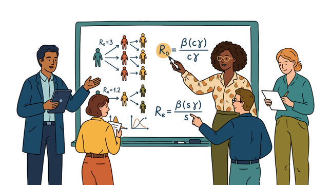 Diverse group of scientists and students studying epidemiological models on a whiteboard. EPS Editable. Vector Illustrations.