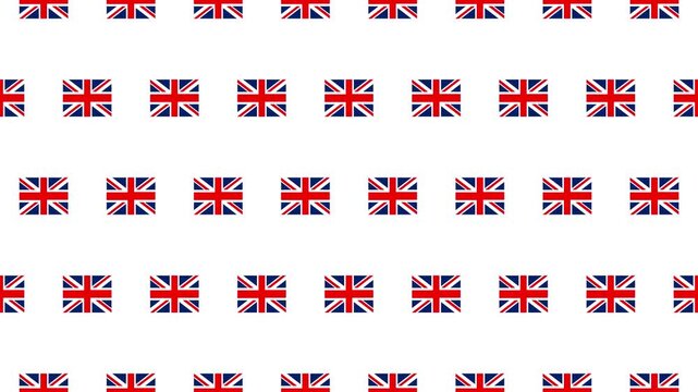 UK flag pictograms move upward in a seamless loop on white background, creating a clean repeating pattern. Suitable for UK-themed motion backgrounds, broadcast graphics, and patriotic visuals.