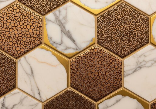 Luxury hexagonal tile pattern with marble and textured bronze