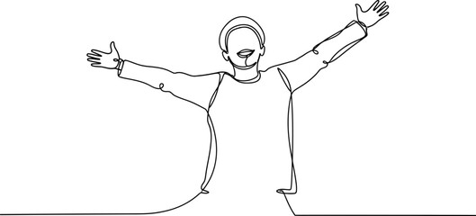Joyful person, arms outstretched in celebration, single line art drawing © Brian