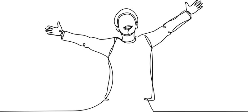 Joyful person, arms outstretched in celebration, single line art drawing