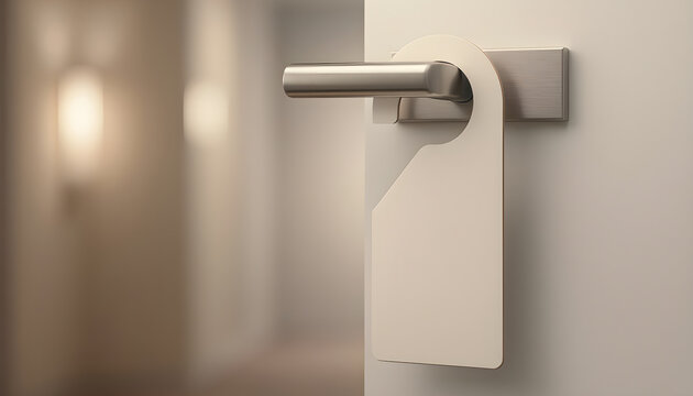 Blank door hanger on a hotel doorknob, minimalist template for privacy or service messages, customizable mock up for hospitality, guest communication, silence or welcome signs