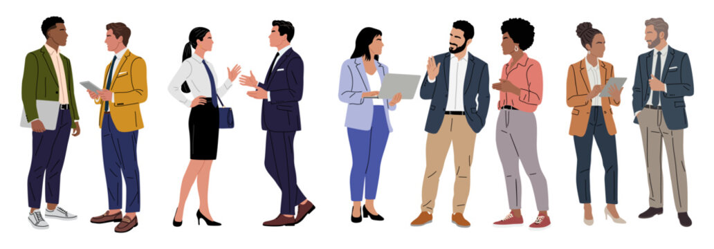 Business professionals converse in a modern office setting. They stand or walk, engaged in focused discussions. Casual and formal attire blends in the scene. Ideal for workplace, team collaboration
