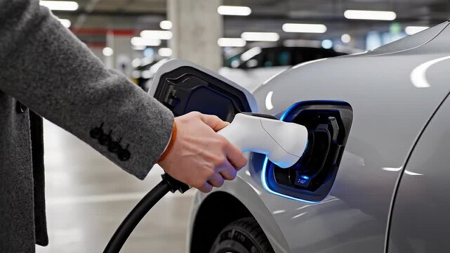A person connects a white charging nozzle to a silver electric vehicle in an underground parking lot. The port glows blue, symbolizing clean energy. Ideal for sustainable transport content.