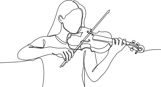 Continuous line drawing of a young woman playing the violin with minimalist style.