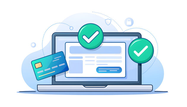 Laptop displaying a completed online payment process with two checkmarks confirming a successful money transfer and secure banking operation using a credit card