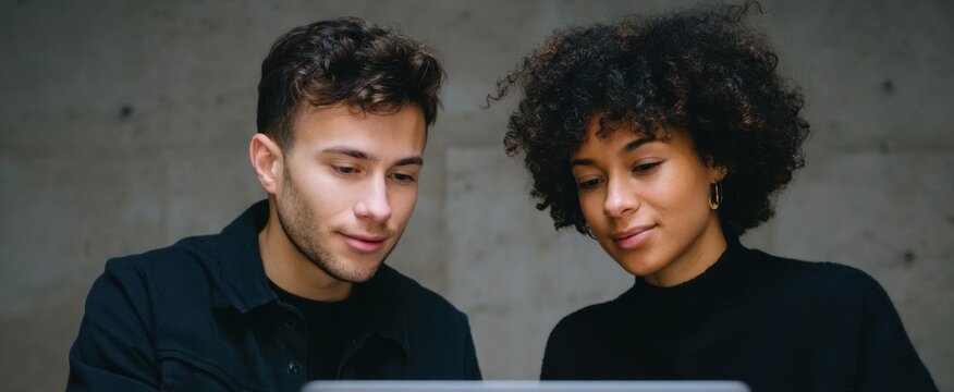 Dynamic colleagues collaborating on a sleek laptop in a modern workspace setting