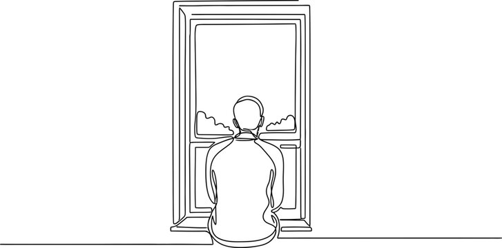 Single Line Drawing of Person Sitting by Window, Looking Out at Clouds