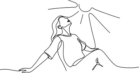 Woman enjoying sunlight, continuous line art, feeling warmth and freedom © Brian